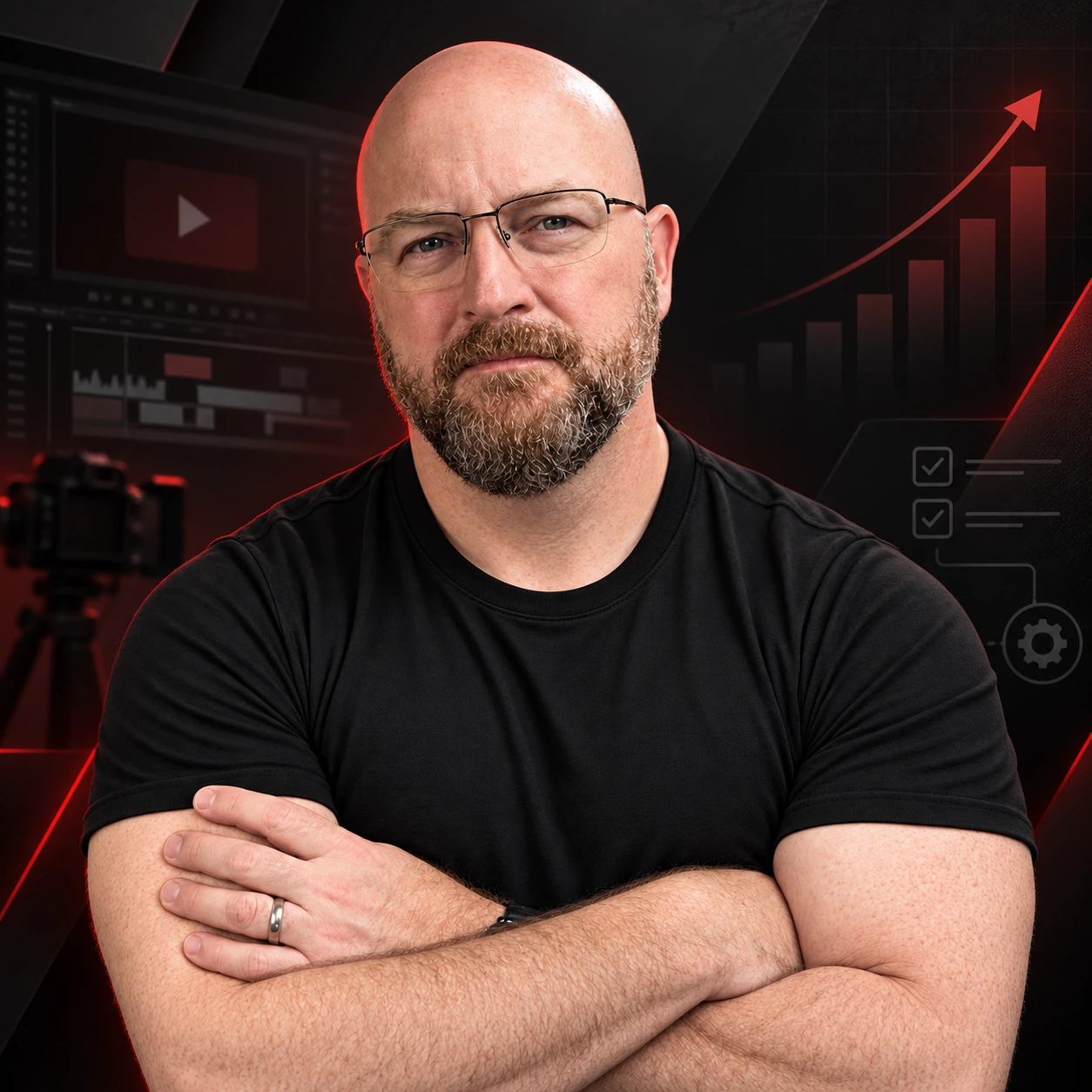 Dan Currier wearing glasses and a black shirt with his arms crossed in a dark, red-lit creator studio